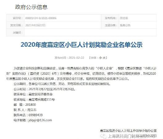 凱科閥門入選2020年度嘉定區(qū)小巨人計劃獎勵企業(yè)名單 凱科閥門入選2020年度嘉定區(qū)小巨人計劃獎勵企業(yè)名單
