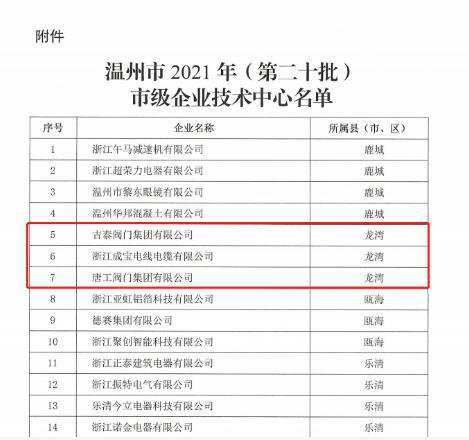 龍灣區(qū)吉泰閥門集團(tuán)等三家企業(yè)獲評(píng)溫州市企業(yè)技術(shù)中心