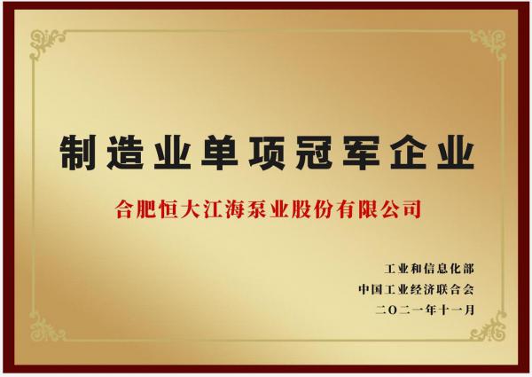 國家級！恒大江海泵業(yè)入選“制造業(yè)單項冠軍企業(yè)”